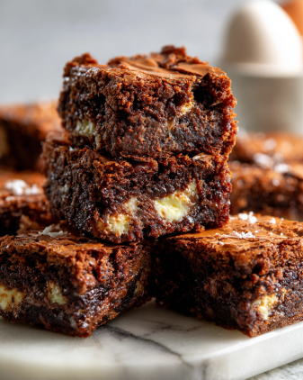 The image shows a batch of brownies with a cracked, shiny top layer that is rich brown in color. The brownies are cut into several square and rectangular pieces stacked closely together, with some pieces overlapping. Inside, there are visible layers of dark chocolate and creamy lighter brown sections that hint at a filling or melted cheese. The texture of the top layer is crumbly and dry while the inside looks moist and soft. The brownies rest on a white marbled surface with a part of a white round object, possibly a cup, showing faintly on the side. photo taken with an iphone --ar 4:5 --v 7