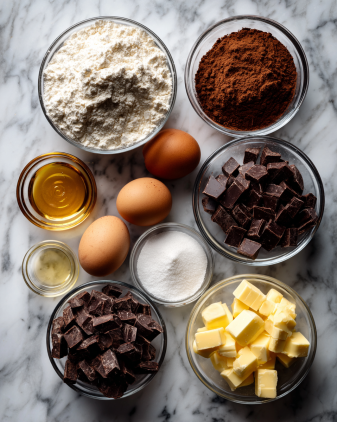 The image shows several small clear glass bowls and three brown eggs arranged on a white marbled surface. There is a bowl of white flour, a bowl with light brown sugar, a bowl of dark brown cocoa powder, a bowl full of small dark chocolate chips, a bowl with yellow butter cubes, and a small bowl containing white salt. A small amount of golden vanilla extract is also in a glass bowl. Each ingredient is separated and clearly visible on the white marbled background. photo taken with an iphone --ar 4:5 --v 7