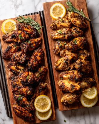 The image shows two wooden rectangular boards filled with grilled chicken wings arranged in rows. Each wing is lightly browned with visible blackened spices and herbs on the surface, showing a textured, slightly crispy skin. On the edges of the boards, there are thin, round lemon slices, adding a bright yellow contrast to the warm tones of the chicken. A few sprigs of dried herbs lay near the lemons on the boards. The boards are placed on a grill with dark metal grates underneath. The background and surface around the boards have a white marbled texture. photo taken with an iphone --ar 4:5 --v 7