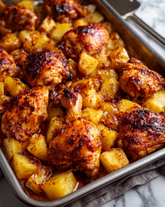 This image shows a baking tray filled with golden brown roasted chicken pieces resting on a bed of cubed potatoes. The chicken pieces have a crispy, slightly charred skin with varied shades of orange and brown, giving a textured look of roasting. The potatoes underneath are soft and cooked, showing a yellow color with some edges browned from roasting. The tray contains juices that add a shiny layer of glaze, enhancing the rich golden appearance. The scene is set on a white marbled background, and a metal tool is partially visible on the upper right side. photo taken with an iphone --ar 4:5 --v 7