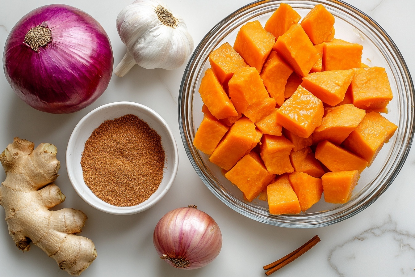 Creamy Sweet Potato Soup with Spiced Croutons Recipe - Recipe Image