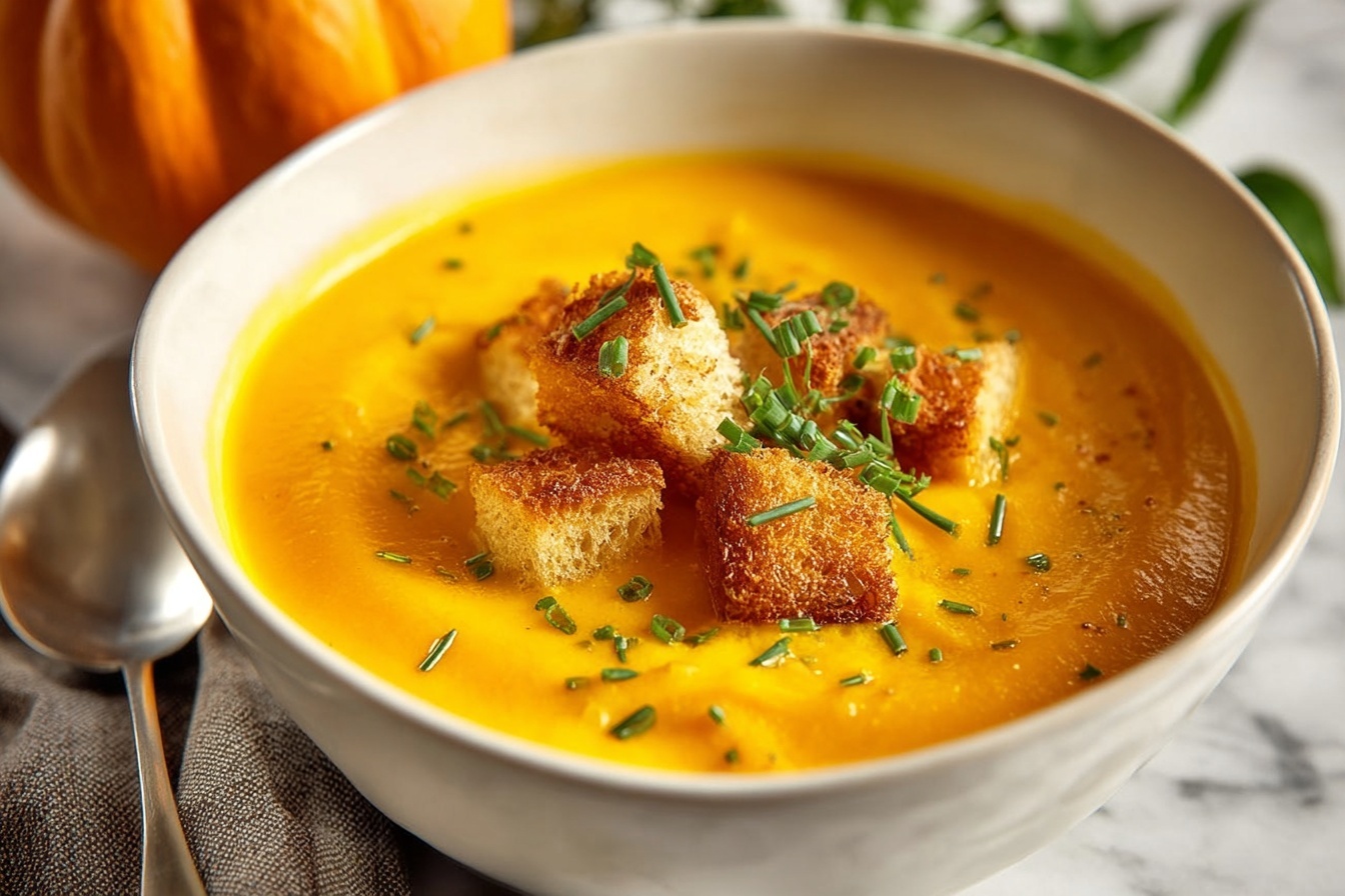 Creamy Sweet Potato Soup with Spiced Croutons Recipe - Recipe Image