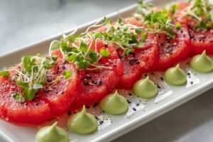 Watermelon Sashimi with Avocado-Wasabi Cream Recipe