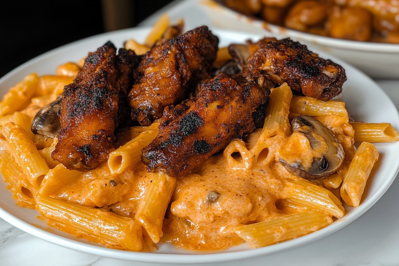 Creamy Chicken Pasta with Spicy Wings Recipe - Recipe Image