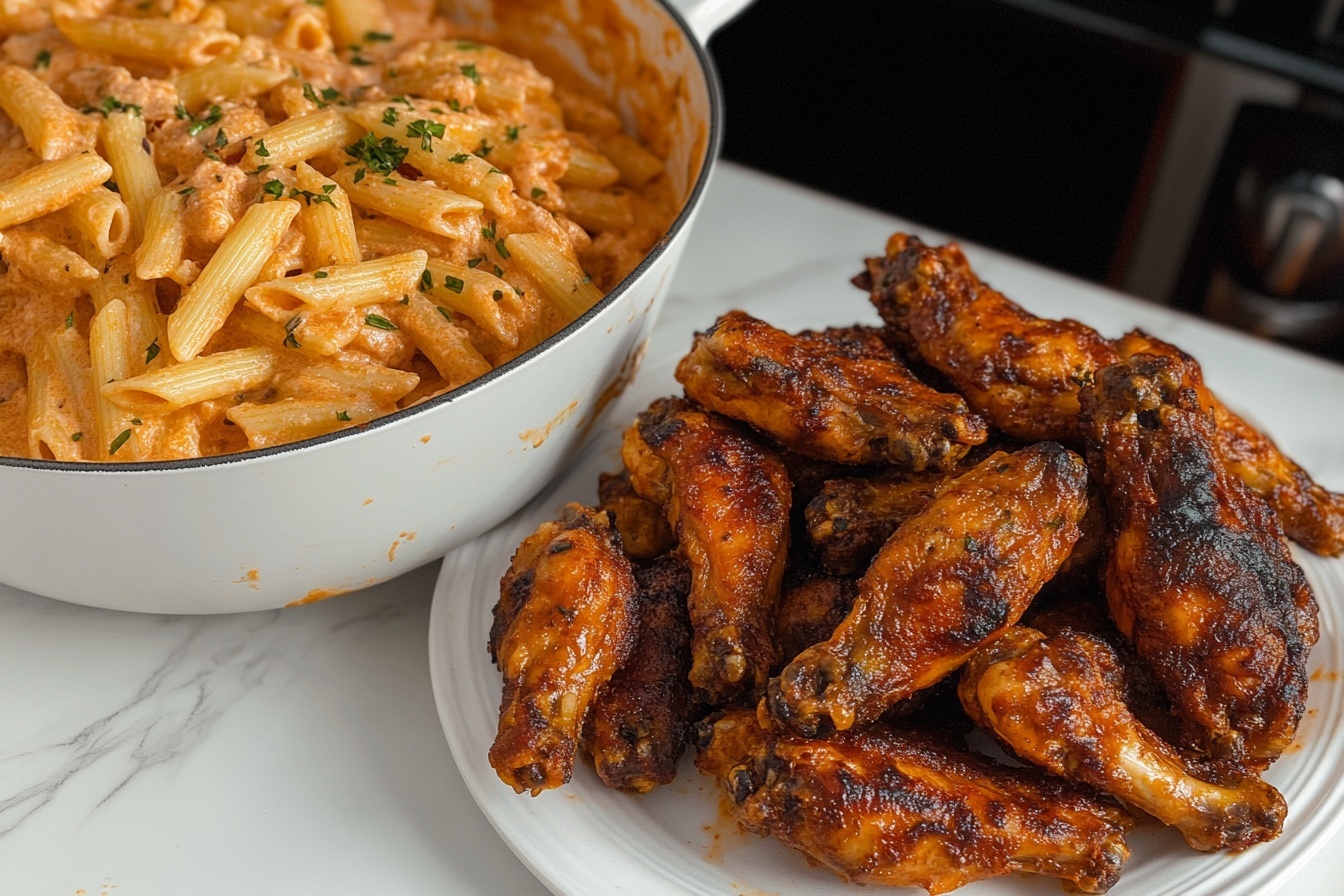Creamy Chicken Pasta with Spicy Wings Recipe