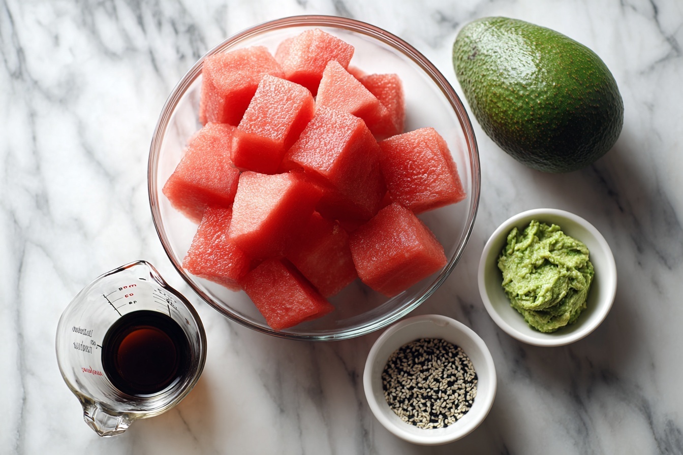 Watermelon Sashimi with Avocado-Wasabi Cream Recipe - Recipe Image