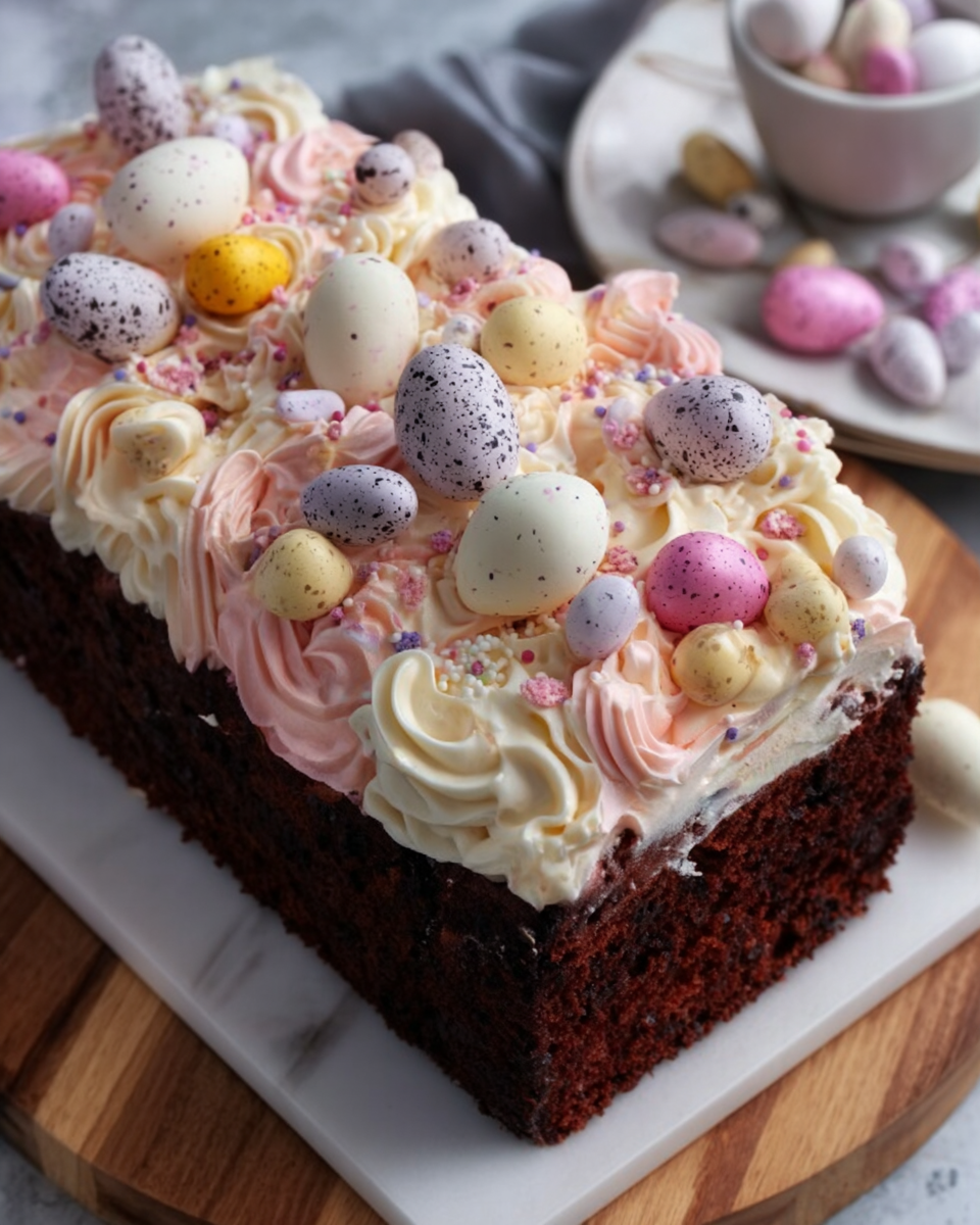 Mini Egg Chocolate Loaf Cake with Colorful Buttercream frosting and Mini Egg Decorations Recipe