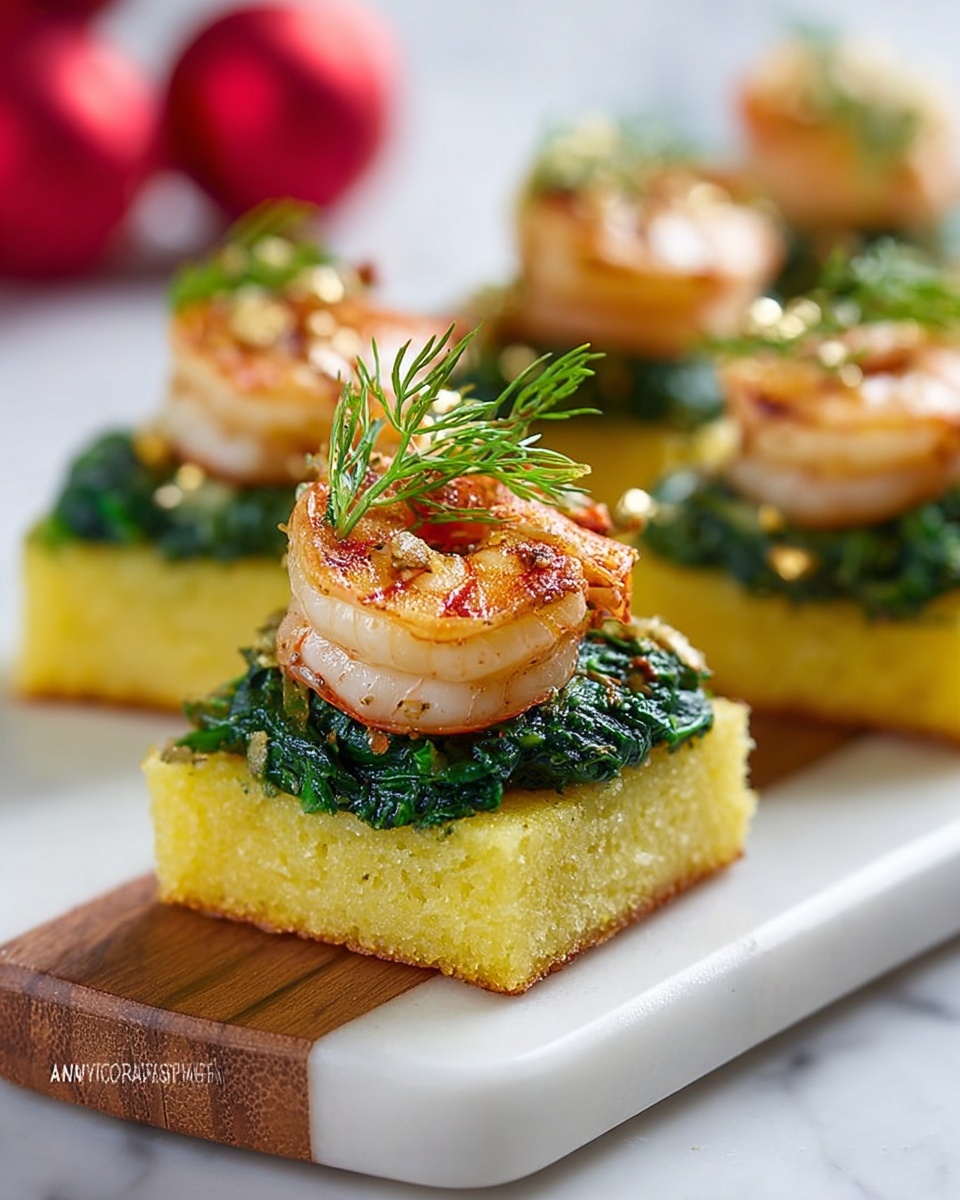 Polenta Squares with Garlic Shrimp and Spinach Pesto Recipe - Recipe Image