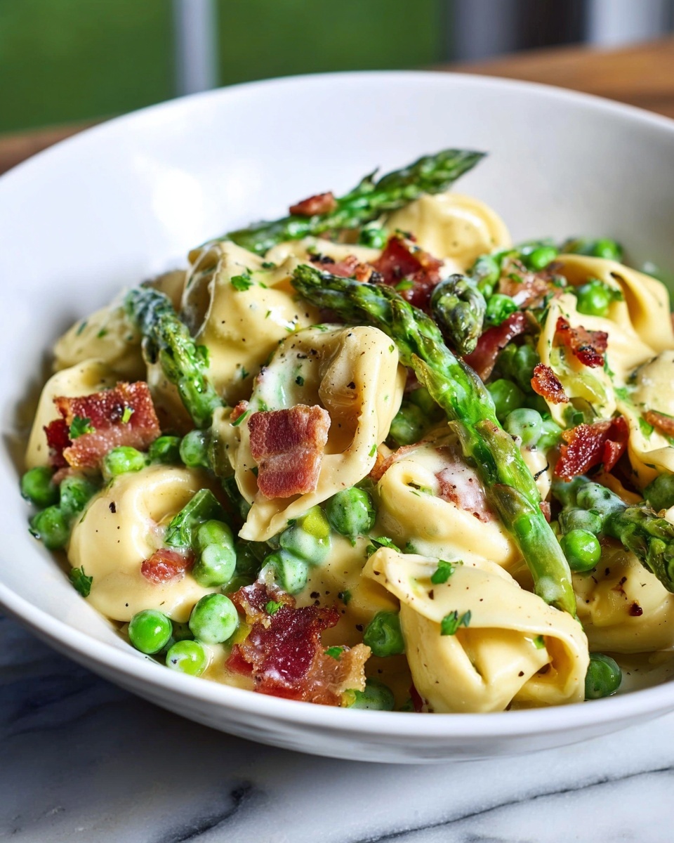 Creamy Spring Tortellini with Peas, Asparagus, and Bacon Recipe