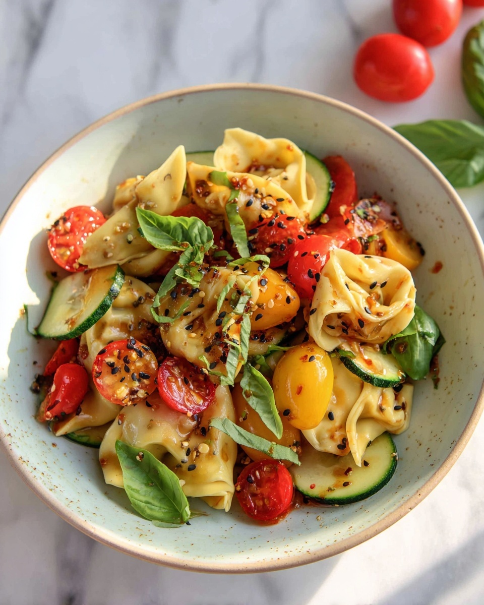 Potsticker Salad (Dumpling Salad) with Tomato, Cucumber, and Basil Recipe - Recipe Image