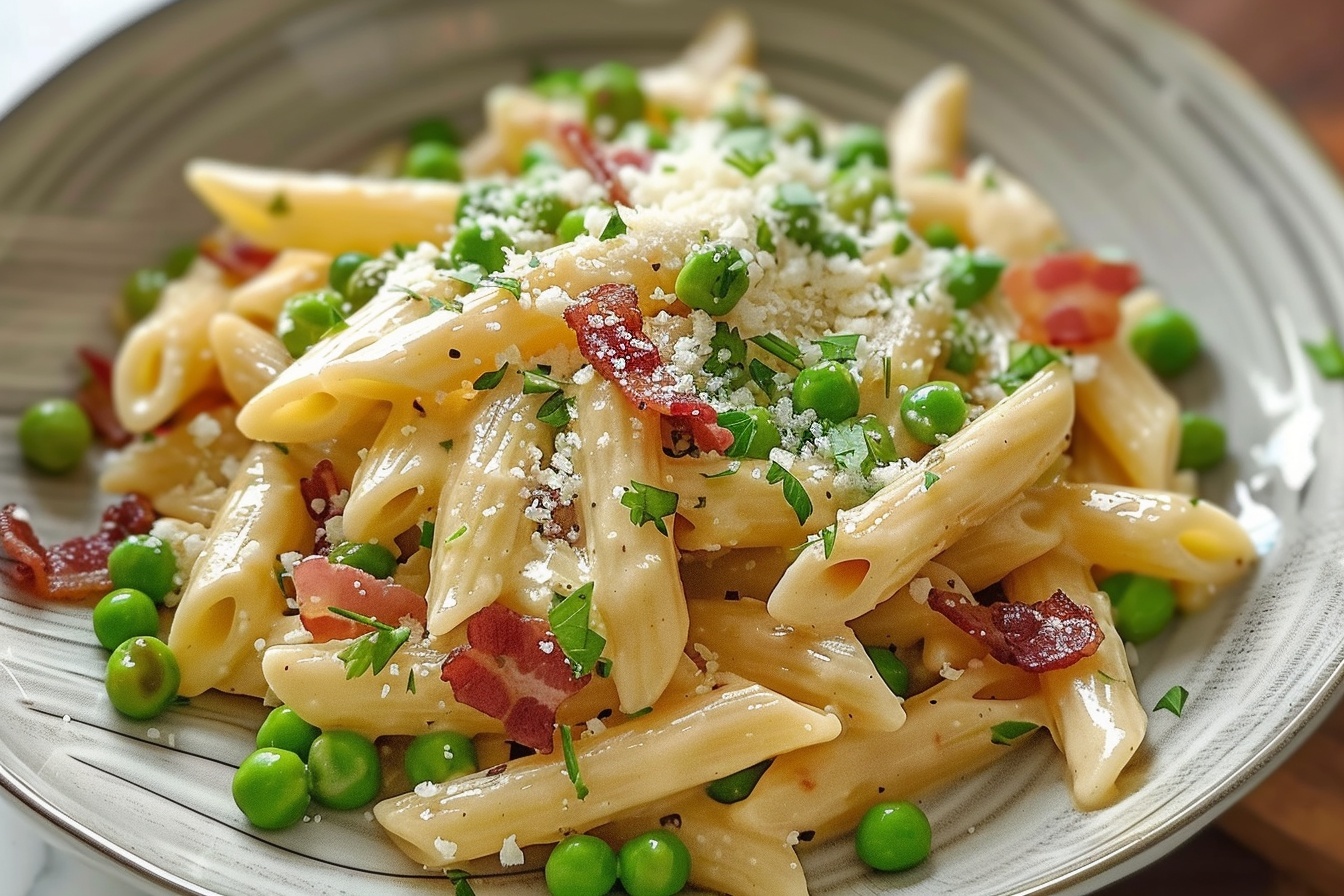 Creamy Bacon and Pea Pasta (25-Minutes) Recipe - Recipe Image