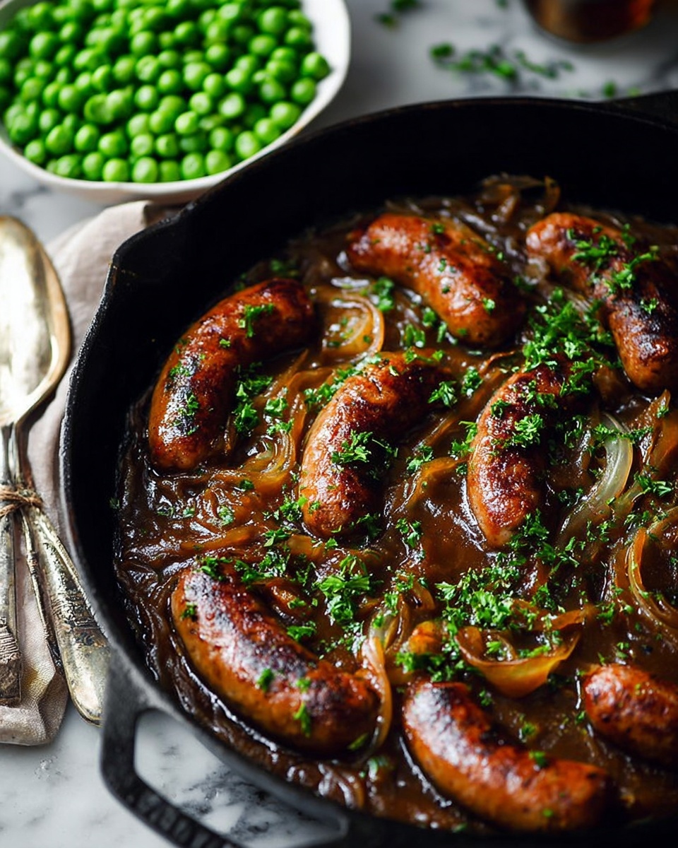Bangers & Mash with Onion Gravy and Peas Recipe