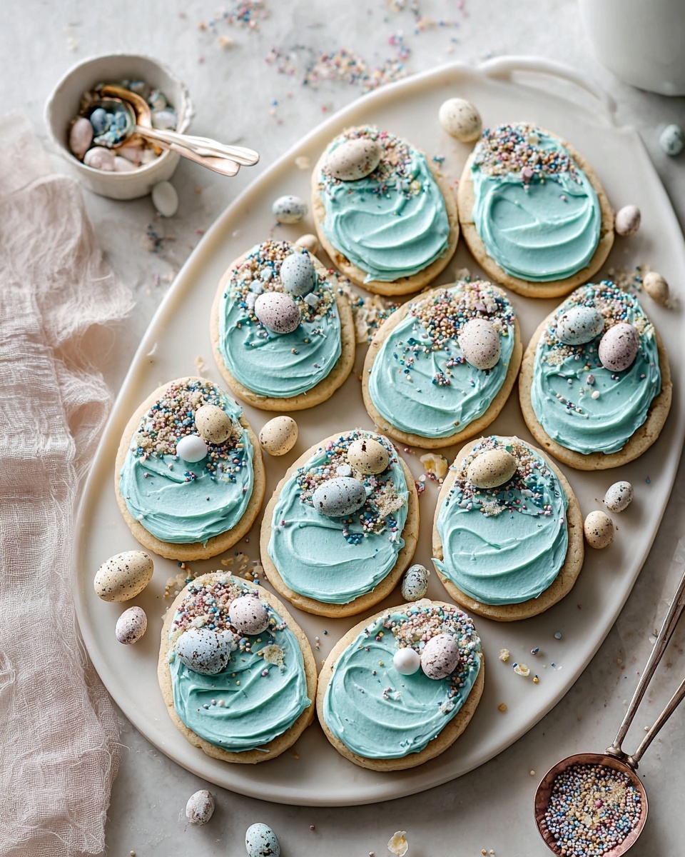 Easter Egg Frosted Sugar Cookies with Speckled Buttercream and Mini Egg Decorations Recipe