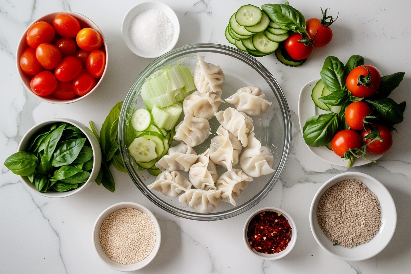Potsticker Salad (Dumpling Salad) with Tomato, Cucumber, and Basil Recipe - Recipe Image