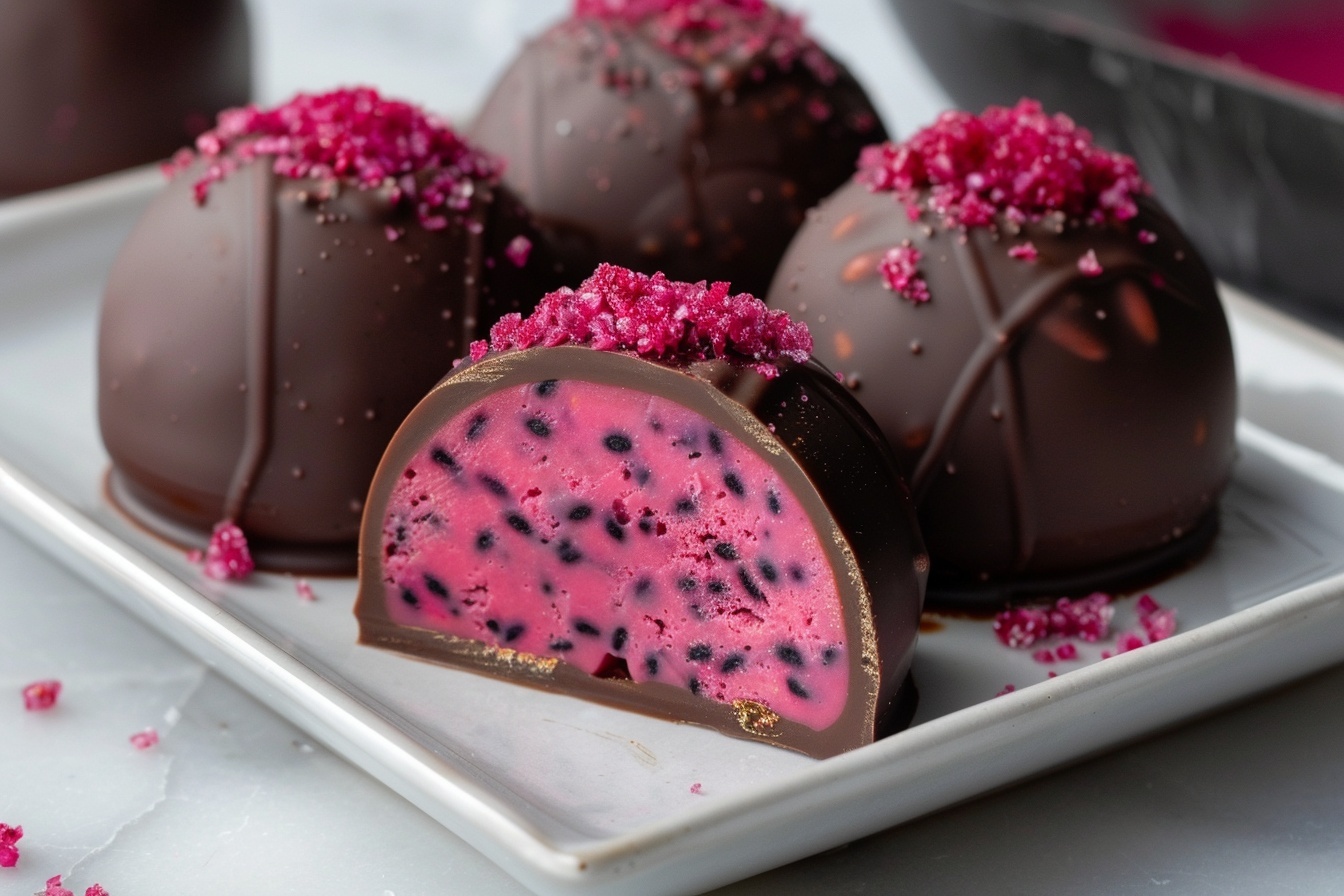 Vibrant Pitaya Coconut Treats with Dark Chocolate Coating Recipe - Recipe Image