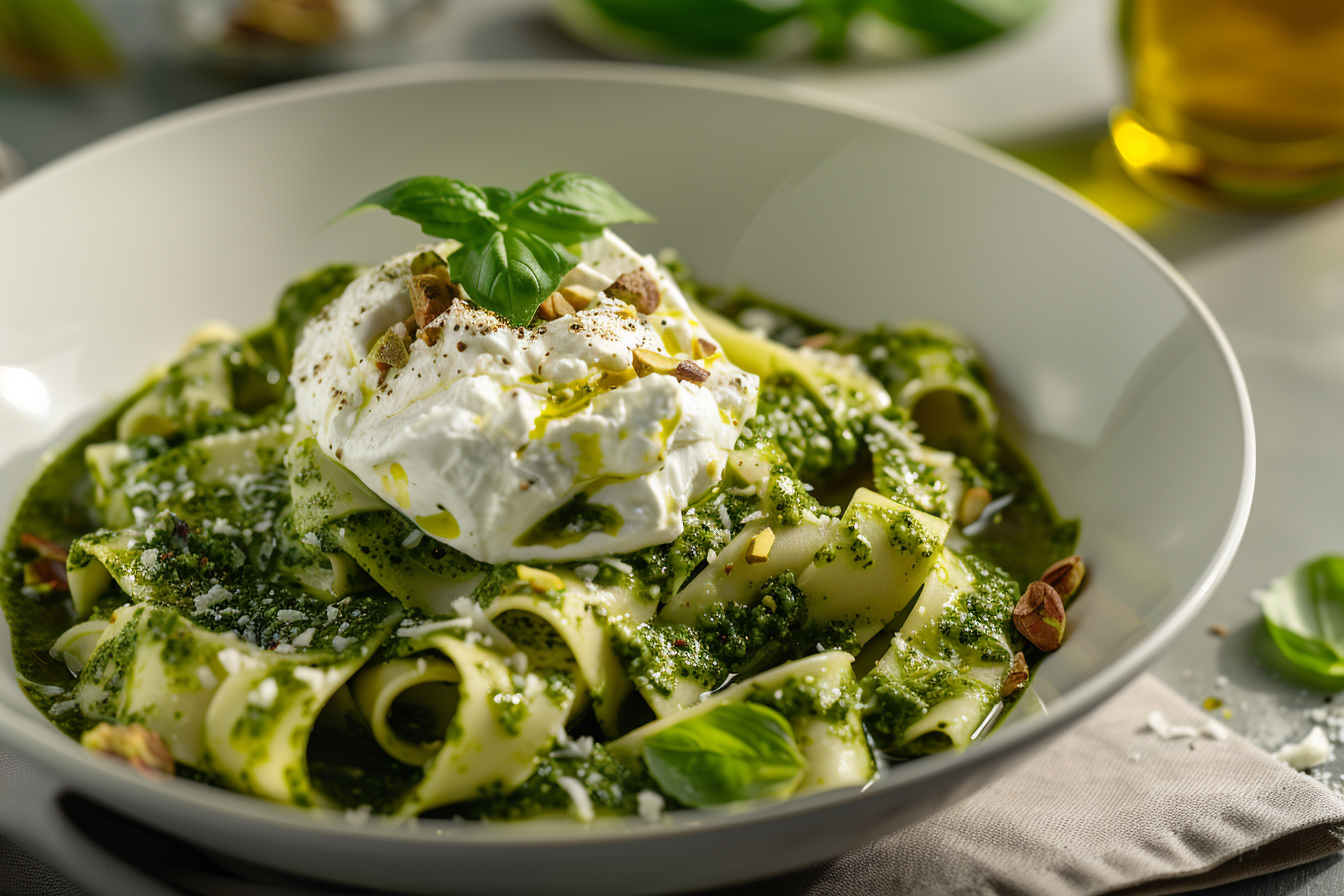 Pistachio Pesto Pasta with Burrata Recipe - Recipe Image