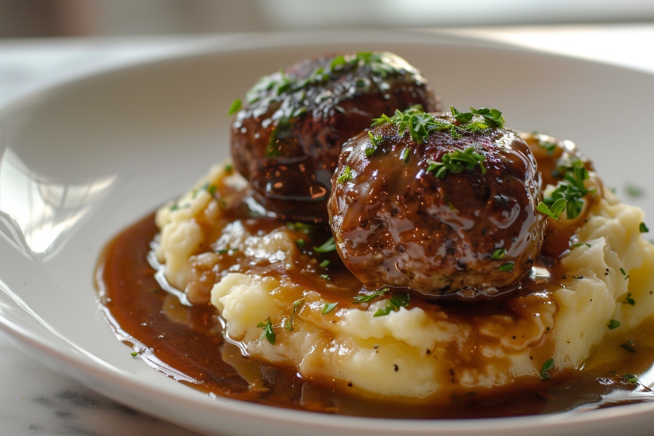 Salisbury Steak Meatballs With Garlic Herb Mashed Potatoes Recipe - Recipe Image
