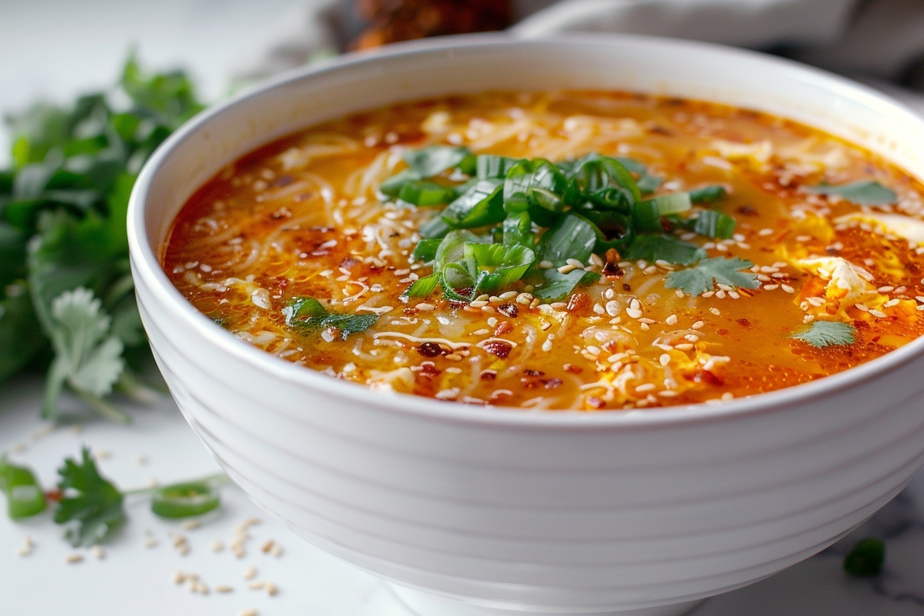 Spicy Miso Egg Drop Soup with Kimchi & Garlic Recipe - Recipe Image